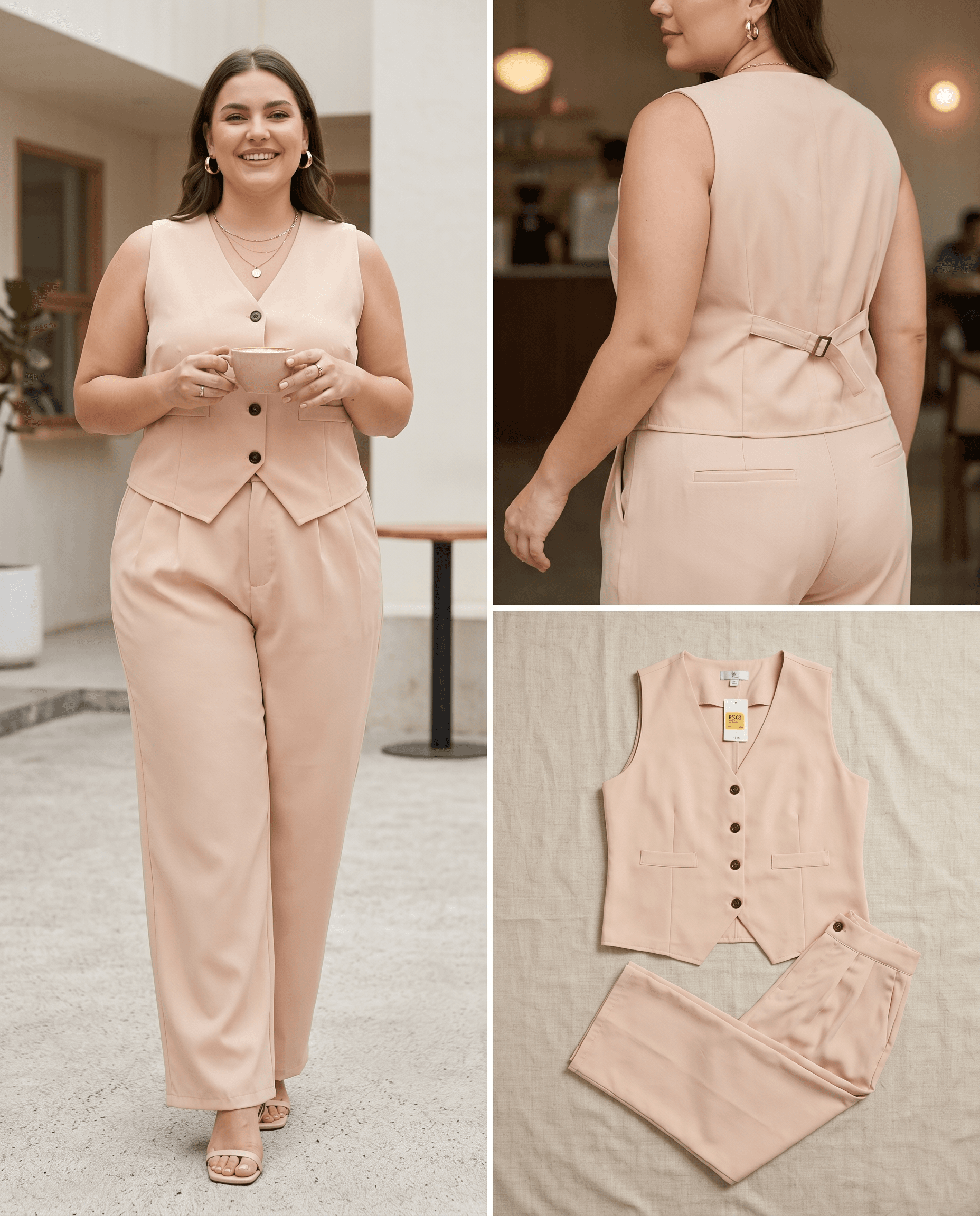 Beige Button Vest Set