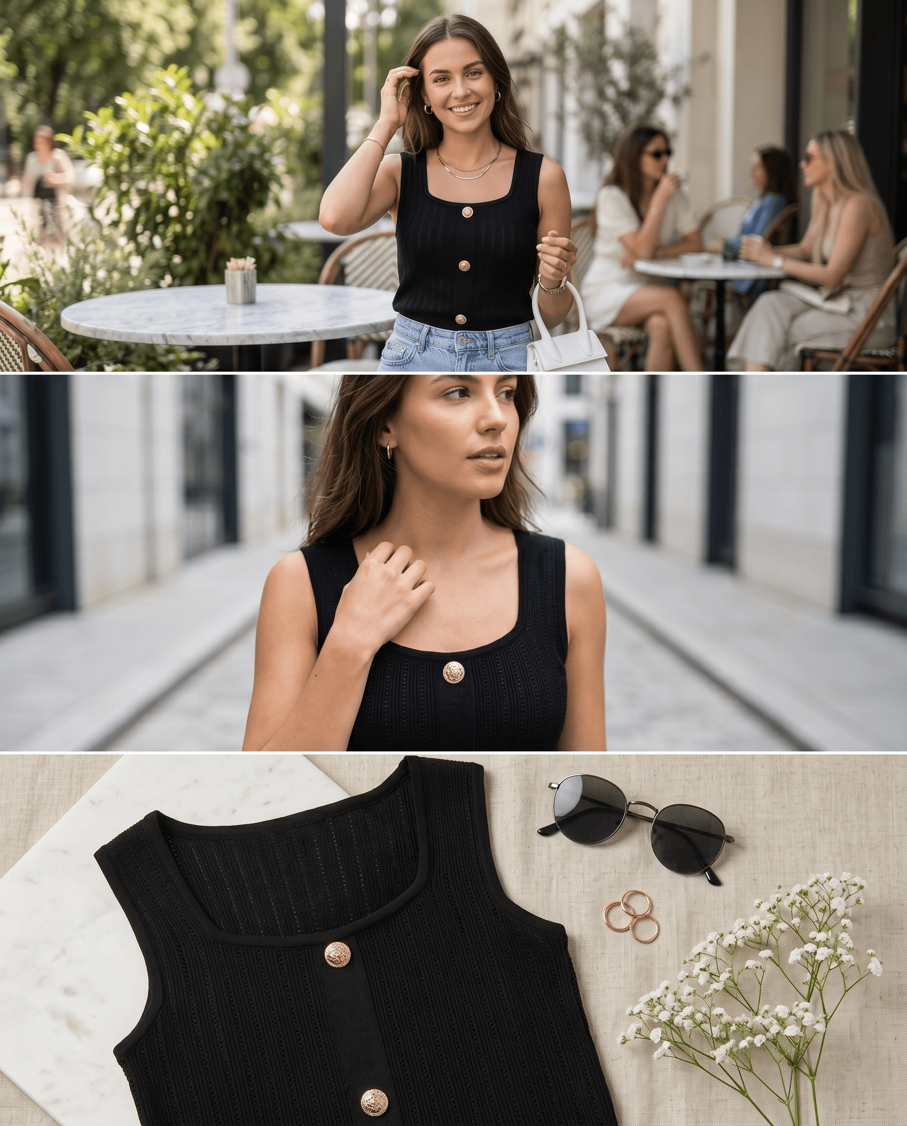 Sleeveless Button Knitwear Black Top