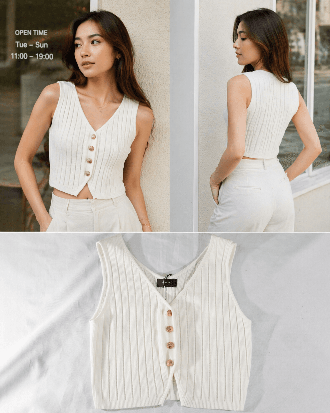 Sleeveless Button Knitwear White Top