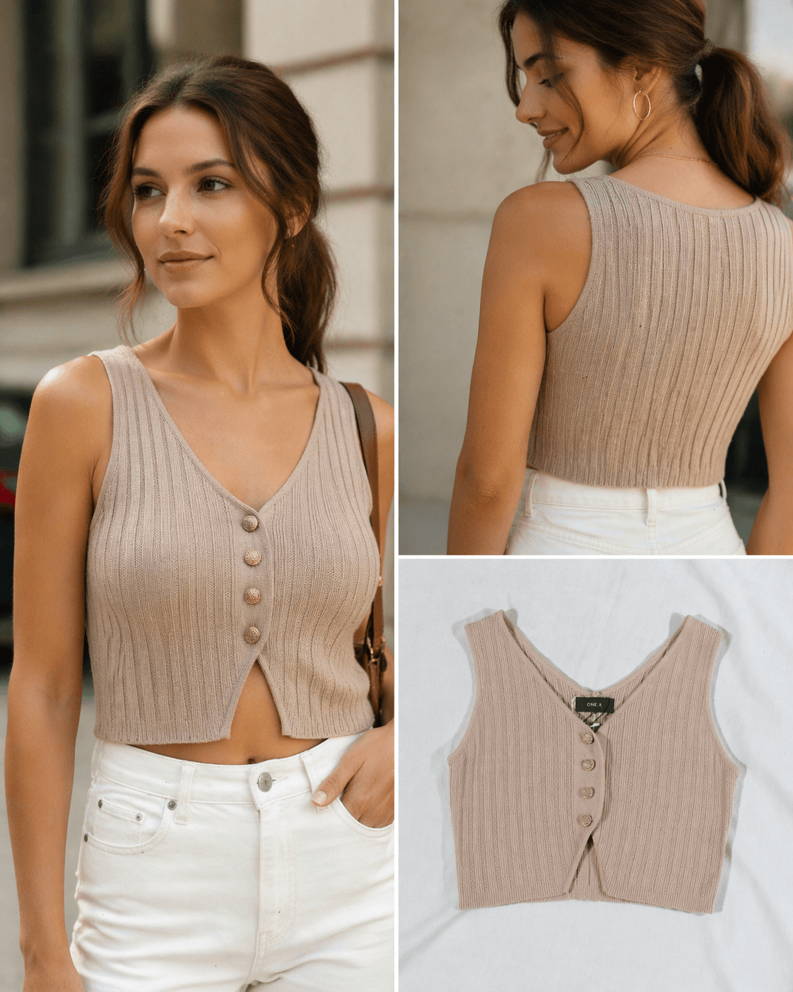 Beige Ribbed Knitwear Crop Top