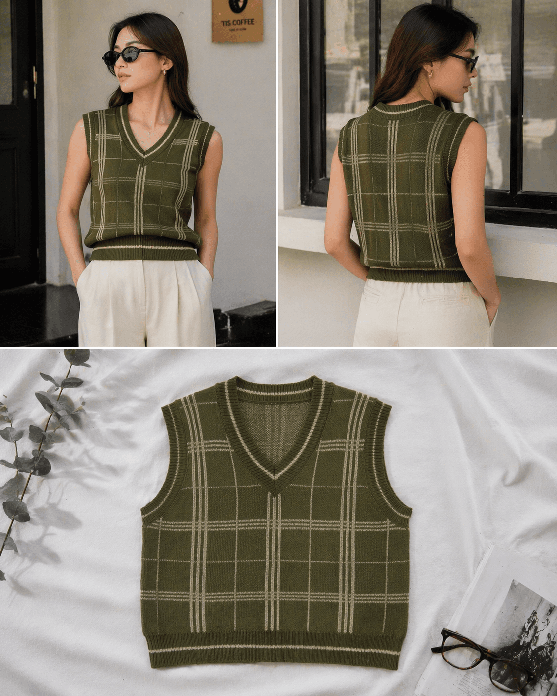 Olive Plaid Knitted Vest