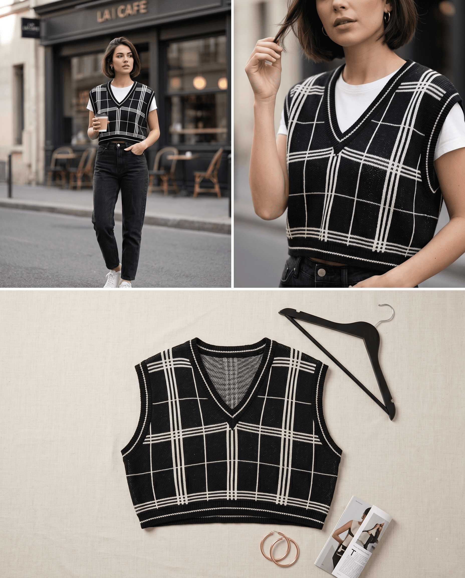 Black Plaid Knitted Crop Top